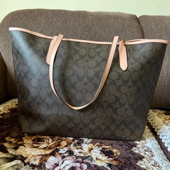 COACH Brown/Pink Signature Coated Canvas Gold-Tone Hardware City Tote Bag - Picture 10 of 12